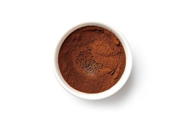 Kabarcıklı kahve fincanının üst görüntüsü, beyaz arka planda izole edilmiş, 3 boyutlu görüntüleme ve fotoğraf yönlendirme.