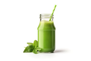 3D görüntüleme, bir şişe yeşil sağlık içeceği, çiğ, Wegan diyet konsepti, beyaz arka planda izole edilmiş..