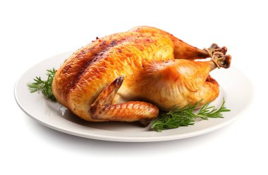 Beyaz arka planda tavuk yemeği manzarası.