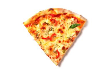 Üst manzara, taze pizzanın kapağı, beyaz arka planda izole edilmiş..