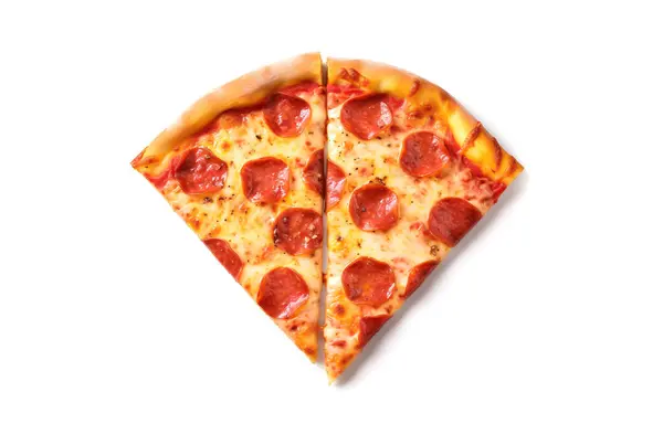 トップビュー 白い背景に孤立した新鮮なピザのスライスのクローズアップ — ストック写真