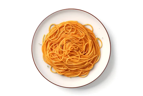 Вид Сверху Тарелки Спагетти Пасты Томатным Болоньезским Соусом Изолированной Белом — стоковое фото