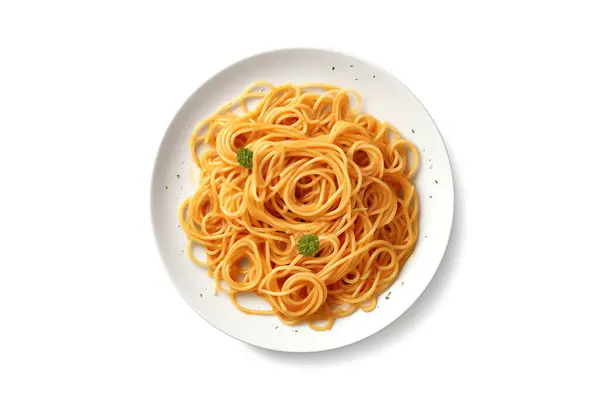 Vista Superior Placa Macarrão Espaguete Com Molho Bolonhesa Tomate Isolado — Fotografia de Stock