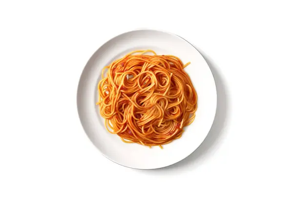 Κάτοψη Του Πιάτο Ζυμαρικών Μακαρόνια Σάλτσα Μπολονέζ Απομονώνονται Λευκό Φόντο — Φωτογραφία Αρχείου