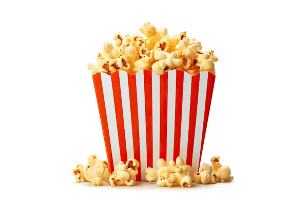 Bright, mouth-watering theater or cinema popcorn overflowing in a large box, isolated on a clean white background.