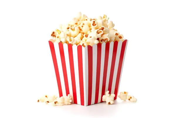 Bright, mouth-watering theater or cinema popcorn overflowing in a large box, isolated on a clean white background.
