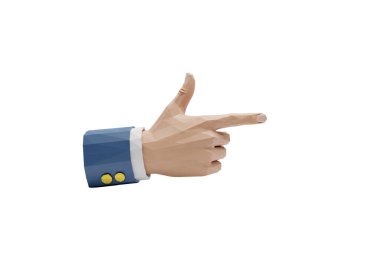 Geometrik düşük polimetrik gri elin üç boyutlu çizimi sağa işaret eden bir jest oluşturur, beyaz arkaplanda izole edilmiş, yönü, seçimi, navigasyonu veya dijital etkileşimi sembolize eder.