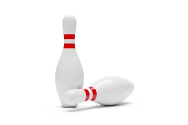 Klasik pozda dimdik duran 3 boyutlu bowling lobutları, beyaz arka planda izole edilmiş, oyun çizimleri, spor kavramları veya minimalist tasarım kompozisyonları için ideal..