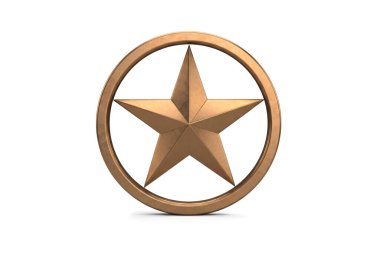 Beyaz arka planda izole edilmiş, başarıyı, tanınmayı ve klasik dekoratif sembolleri temsil eden beş köşeli bir yıldızın üç boyutlu görüntülenmesi..