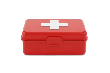 Beyaz zemin üzerinde beyaz haç sembolü bulunan kırmızı bir ilk yardım kutusunun 3 boyutlu çizimi acil durum, güvenlik ve temel tıbbi hazırlığı temsil ediyor..