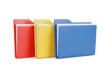 3d rendering of three colorful folders in red, yellow, and blue, isolated on white background, symbolizing teamwork, diversity, and document management.
