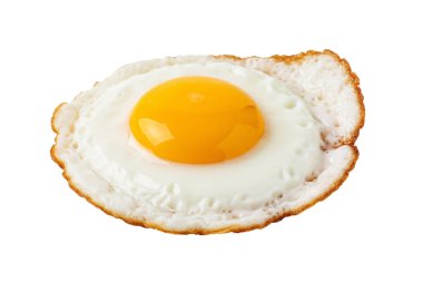 A single fried egg with a golden yolk and crispy edges, isolated on white background, representing breakfast, nutrition, and simple homemade food.