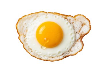 A single fried egg with a golden yolk and crispy edges, isolated on white background, representing breakfast, nutrition, and simple homemade food.