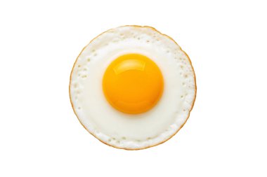 A single fried egg with a golden yolk and crispy edges, isolated on white background, representing breakfast, nutrition, and simple homemade food.