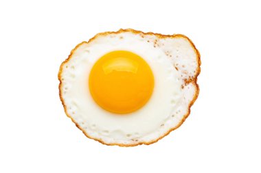 A single fried egg with a golden yolk and crispy edges, isolated on white background, representing breakfast, nutrition, and simple homemade food.