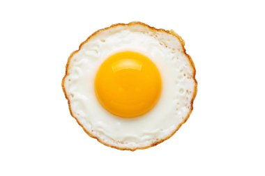 A single fried egg with a golden yolk and crispy edges, isolated on white background, representing breakfast, nutrition, and simple homemade food.