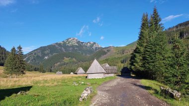 Dağları ve mavi gökyüzü olan güzel bir manzara.