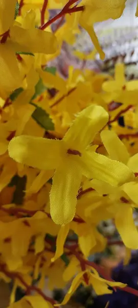 Plastikten yapılmış güzel renkli çiçekler, dekorasyonlar.