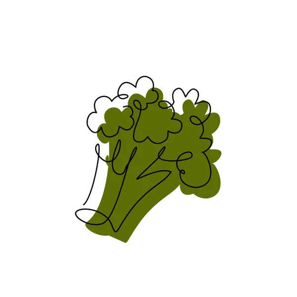 抽象的なカラースポットとブロッコリー黒輪郭描画 グリーンキャベツミニマリストシルエット 継続的な野菜コンセプトデザイン 緑の植物の手を1つのラインフラットベクトルイラストを分離 — ストックベクタ