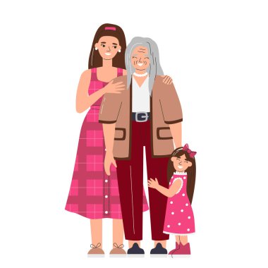 Üç nesil boyunca kadınlar bir arada. İzole edilmiş mutlu ilişki karakterleri. Anneler Günü için aile kucaklaşması. Tatil el çizimi düz vektör çizimi