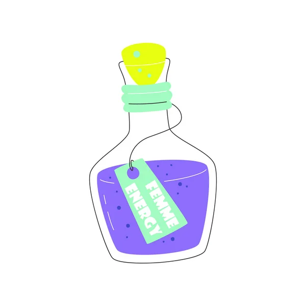 Femme Energy Glass Bottle Jar Magic Purple Potion Femininity Elixir — Stock Vector