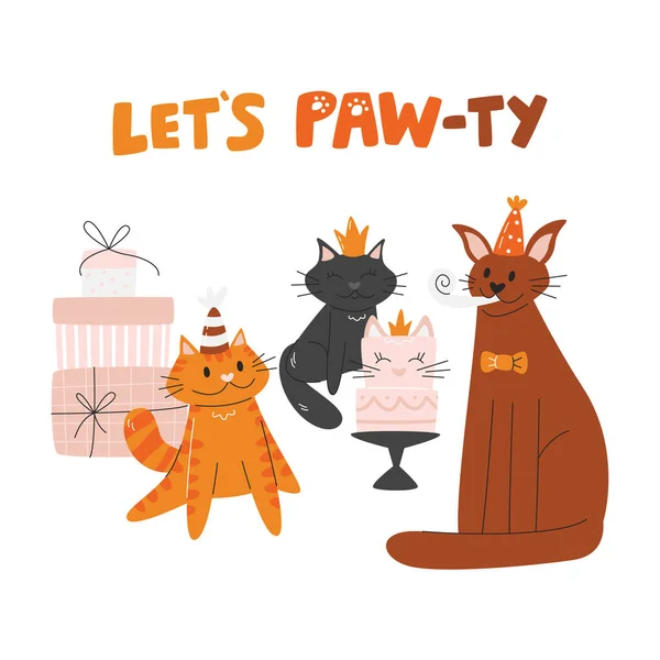 카드로 인사하자 품종의 고양이를 Pawty 디자인 축하하는 귀여운 고양이들 가축들은 — 스톡 벡터