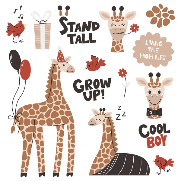 Girafa Băiat Ziua Naștere Baloane Pălărie Day Colecția Animale Sălbatice — Vector de stoc