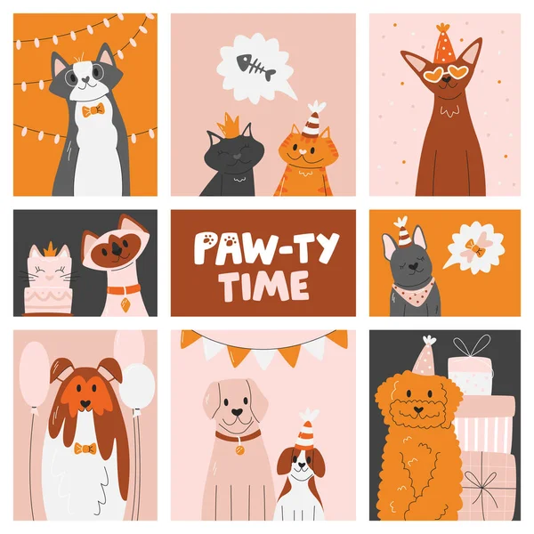 Pet Κόμμα Αφίσα Πρότυπο Γάτες Και Σκύλους Σχεδιασμός Έννοιας Εορτασμού — Διανυσματικό Αρχείο
