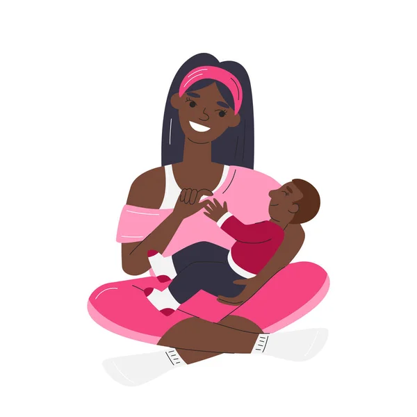 Αφρο Αμερικάνα Μαμά Κάθεται Στο Πάτωμα Και Κρατάει Αγοράκι Χαριτωμένη — Διανυσματικό Αρχείο