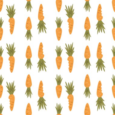 Paskalya temalı dekoratif desen. Dikey turuncu havuç tekrarlanmış arka plan. Çiftçi pazarı için kusursuz tasarım. Yiyecek ambalajı kağıdı. El çizimi düz vektör çizimi beyaza izole edildi