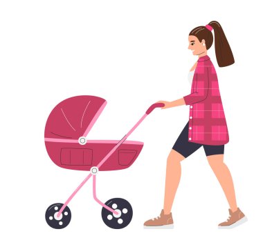 Dışarıda bebek arabası olan genç bir anne. Bebek arabasıyla yürüyen dadı karakteri. Anneler Günü tatili için annelik izni konsepti. Mutlu annelik el çizimi düz vektör çizimi