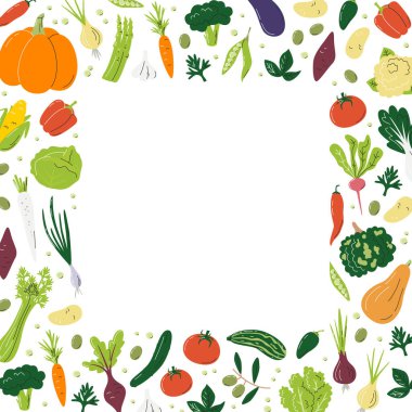 Farklı sebzelerle kare çerçeve kavramı. Fotokopi alanı olan sebzelerle dolu sınırlar. Çeşitli renklerle zenginleştirilmiş organik tarım ürünleri. Beslenme el çizimi düz vektör çizimi izole edildi