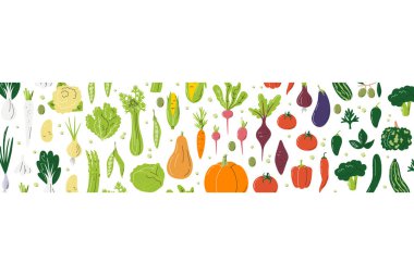 Gradyan yatay konsept tasarımı. Farklı sebzelerle dolu gökkuşağı kompozisyonu. Çiftçi pazarı için dikdörtgen pankart. Çeşitli sebzeler. Tarımsal el çizimi düz vektör çizimi