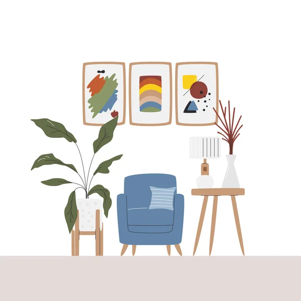 추상적 포스터들로 장식된 오락실 의자와 화초가 풍경이다 거실에 디오르가 손으로 — 스톡 벡터