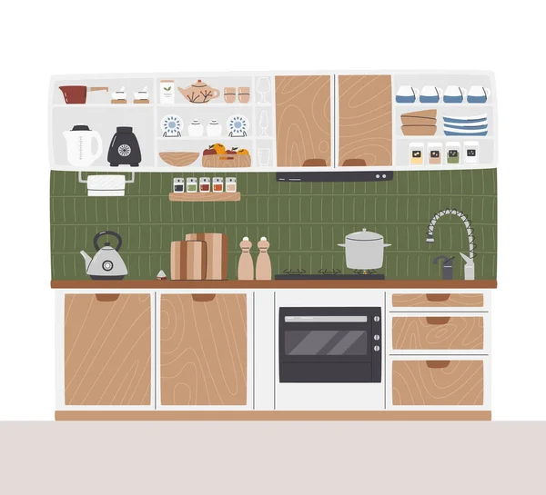 Cozinha Rústica Cheia Utensílios Eletrodomésticos Interior Jantar Moderno Meados Século — Vetor de Stock
