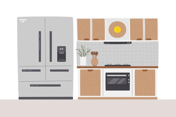 经典的美国乡村厨房内部与宽冰箱 带有植物和器具的最低限度饮食和烹调区 大家族的冰箱Kitchen手工绘制平面矢量插图 — 图库矢量图片