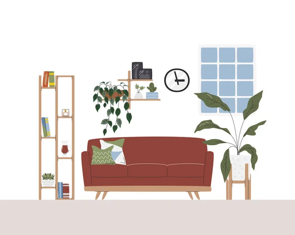 Scena Interioară Confortabilă Multe Plante Cameră Minimalistă Elegantă Mijlocul Secolului — Vector de stoc