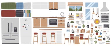 Mutfak aletleri ve çatal bıçaklarla dolu. Yemek odası mobilyaları izole edilmiş. Mutfak iç unsuru ayarlandı. Ev içi unsurlar. Yüzyıl ortası koleksiyon el çizimi düz vektör çizimi