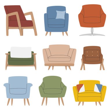 Retro rahat mobilya tasarımı. Oturma odası farklı koltuklar. Koltuk koleksiyonu beyaza izole edilmiş. Konforlu salon alanı için iç tamsayılar. Yüzyılın ortalarında modern koltuk el düz vektör çizimi