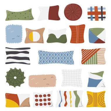 Çeşitli desenleri ve desenleri olan dekoratif yastıklar. Oturma odası ve yatak odası için kumaş ev dekorasyonu. Tekstil iç nesneler hazır. Moda yastık el çizimi düz vektör çizimi izole edildi
