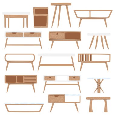 Farklı ahşap sehpa tasarımları. Oturma odası mobilyaları. Modern tarz minimalist masalar. Küçük ev dekoru. Samimi iç nesneler elle çizilmiş düz vektör çizimi izole edildi