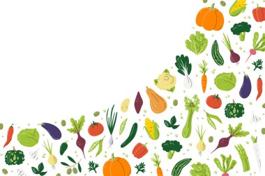 Yerel pazarlar için fotokopi alanı olan dikdörtgen pankart. Çiftçinin tarımsal ürünleri serbest tasarım konsepti. Sebze kompozisyonu. Sebzeler elle çizilmiş düz vektör çizimi beyaza izole edildi