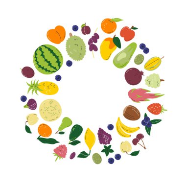 Fotokopi alanı ile meyve çerçevesi bileşimi. Organik tatlılar içeren yuvarlak ya da halka tasarımı. Beyaza izole edilmiş farklı taze meyveler. Meyve toplama el çizimi düz vektör çizimi