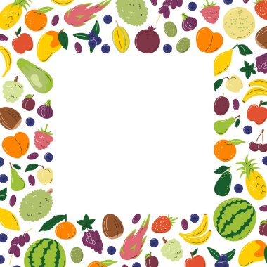 Sulu meyve çerçevesi tasarımı. Fotokopi alanı olan meyveli kare pankart. Egzotik organik tarım ürünleri. Taze tropikal meyve elle çizilmiş düz vektör çizimi