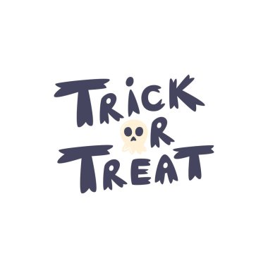 Cadılar Bayramı popüler alıntı tasarımı. Minimalist el yazısı konsept baskı. Çizimli elementlerle yaratıcı tipografi. Sevimli insan kafatasıyla el çizimi düz vektör illüstrasyonunu tedavi etmek için numara