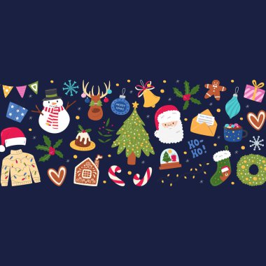 Mutlu Noeller yatay bayrak. Mutlu yıllar dikdörtgen konsept tasarımı. Mevsimlik parti ve aile kutlaması. Dini tatil paketi. Mavi arkaplanda elle çizilmiş düz vektör çizimi