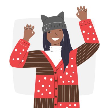 Kedi şapkalı ve çirkin kazaklı oyuncu bir genç kız. Klasik desenli hırka giymiş güzel bir Amerikan kadın portresi. Komik kadın noel karakteri el çizimi düz vektör çizimi izole
