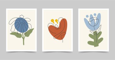 Botanik klasik duvar baskısı koleksiyonu. Modern soyut sanat izole edildi. Retro poster tasarımı seti. Renkli baloncuklu minimalist tarz çiçekler. Boho doğası. Çiçekli el çizimi düz vektör çizimi