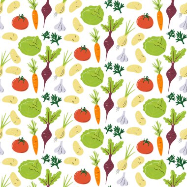 Yerel çiftçinin sebzeleri kusursuz desenli. Paketleme ve kâğıt baskısı. Geleneksel Rus çorba malzemeleri arka plan çiziyor. Borç sebzeleri elle çizilmiş düz vektör çizimi