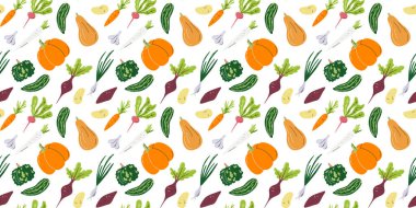 Patates, balkabağı ve pancar ile dikişsiz sebze deseni. Tarım ve organik gıda baskısı tasarımı. Yatay arkaplan beyaza izole edildi. İtüzümü aile eli düz vektör çizimi